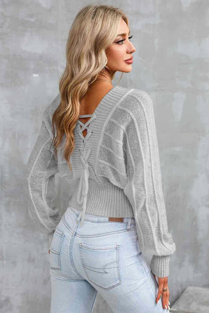 Surplice Neck Lace-Up Sweater 