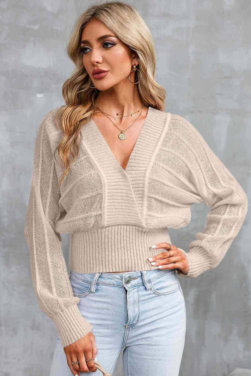 Surplice Neck Lace-Up Sweater 