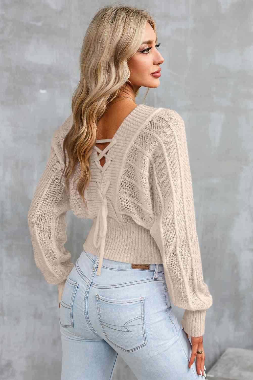 Surplice Neck Lace-Up Sweater 