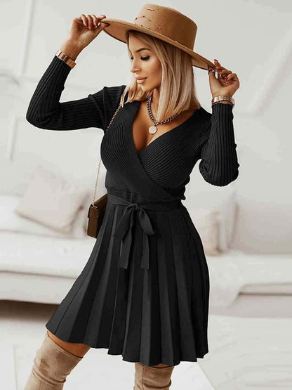 Surplice Neck Tie Front Pleated Sweater Dress 