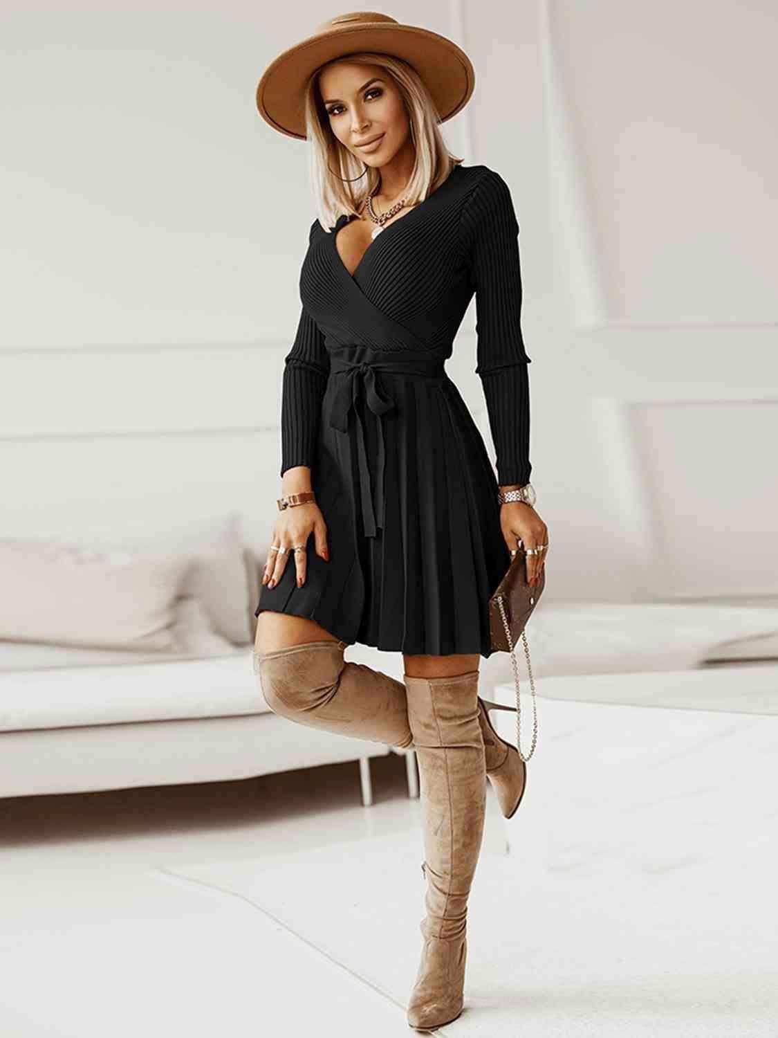 Surplice Neck Tie Front Pleated Sweater Dress 