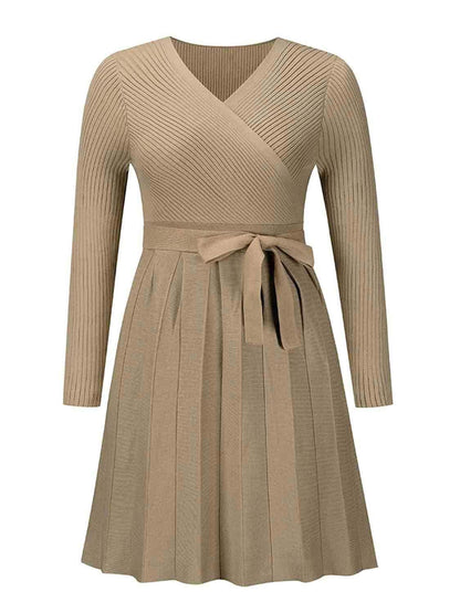 Surplice Neck Tie Front Pleated Sweater Dress 