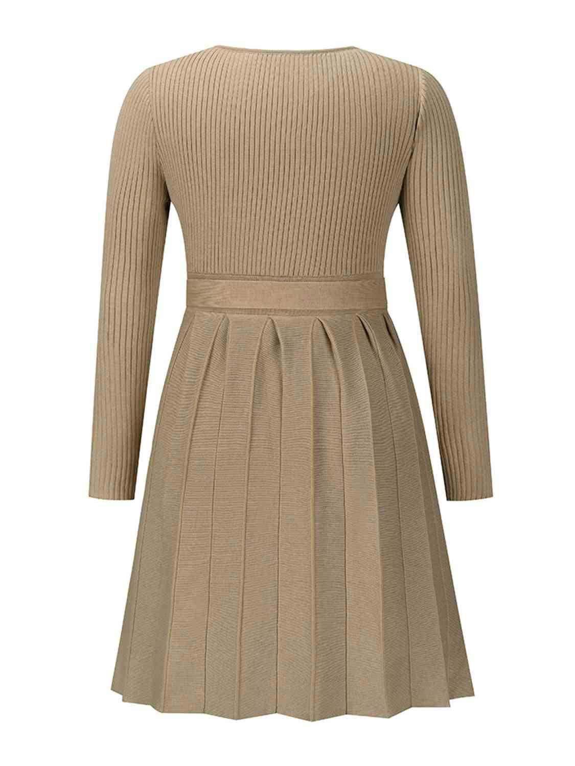 Surplice Neck Tie Front Pleated Sweater Dress 