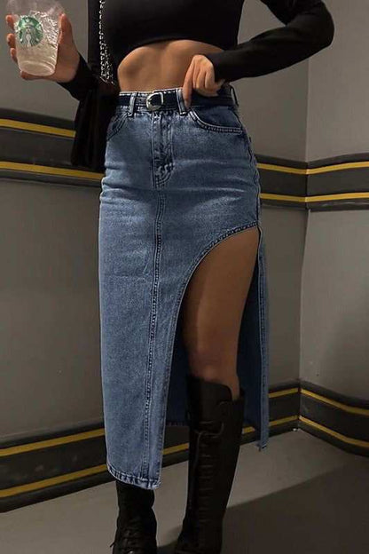 Thigh slit denim skirt 