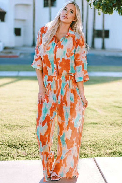 Tie-Dye Collared Wide Leg Jumpsuit 