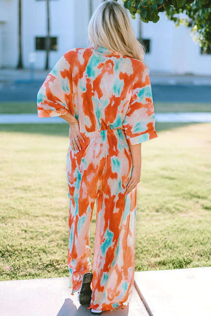 Tie-Dye Collared Wide Leg Jumpsuit 