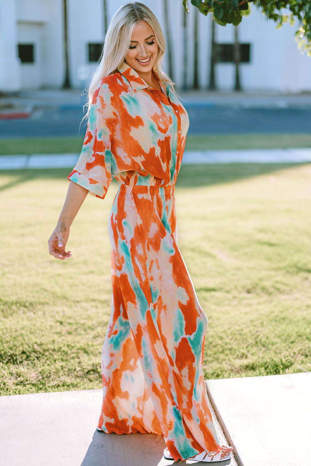 Tie-Dye Collared Wide Leg Jumpsuit 