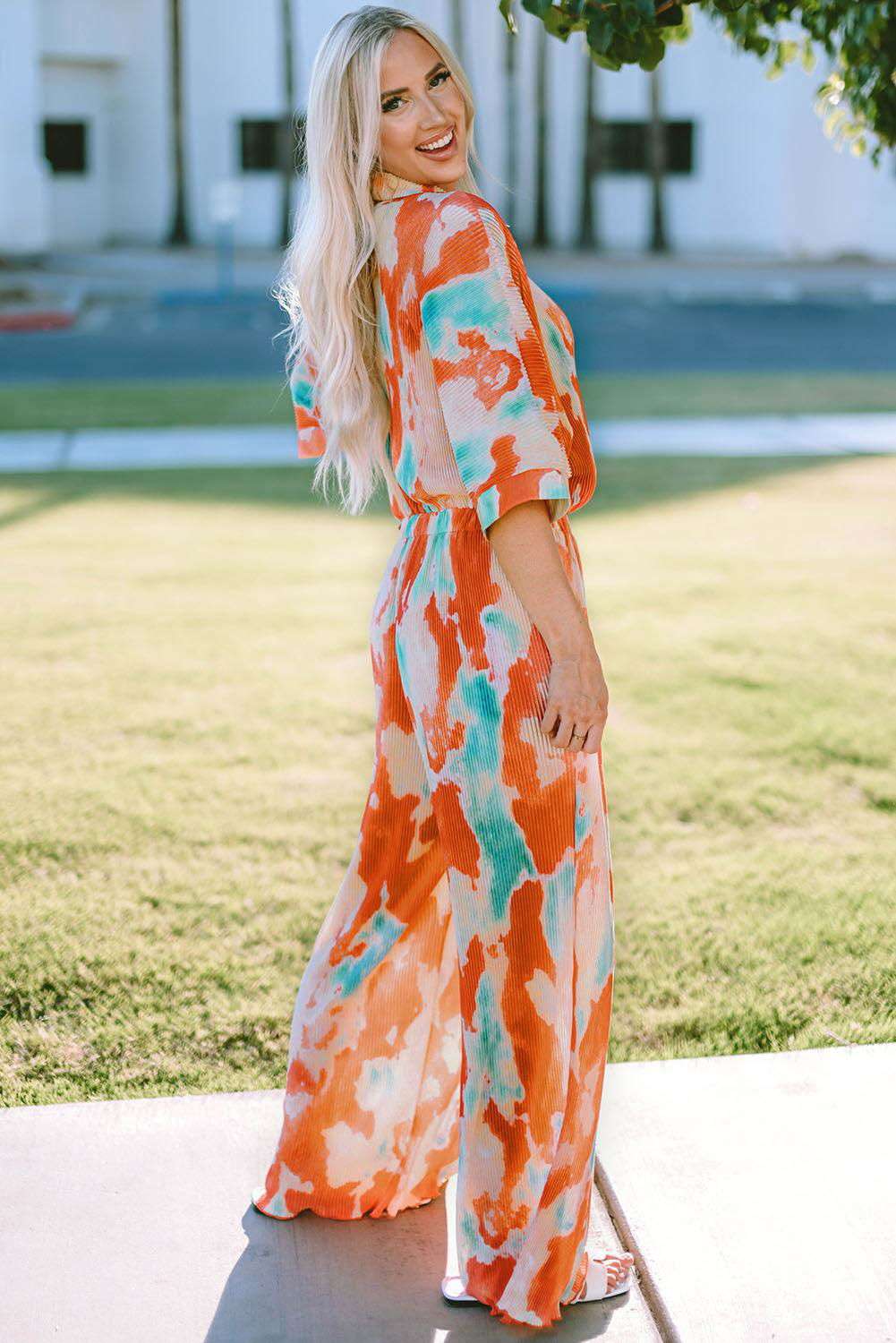 Tie-Dye Collared Wide Leg Jumpsuit 