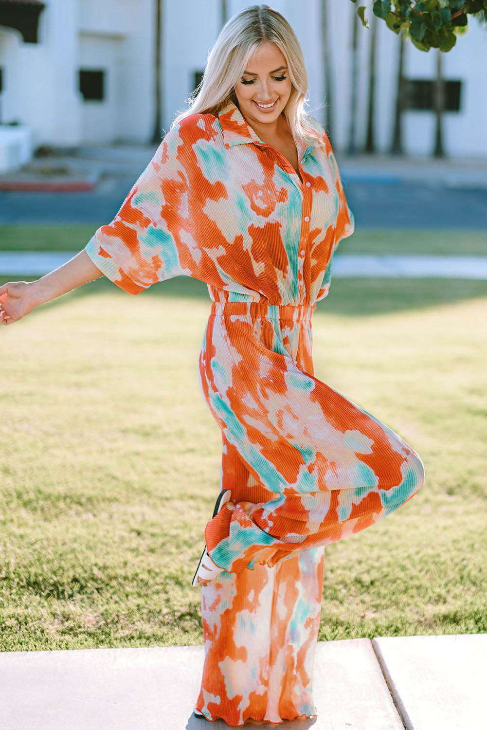 Tie-Dye Collared Wide Leg Jumpsuit 