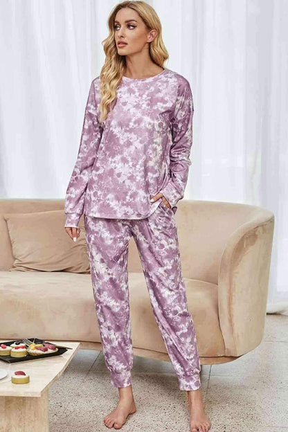 Tie-Dye Long Sleeve Top and Drawstring Joggers Lounge Set 