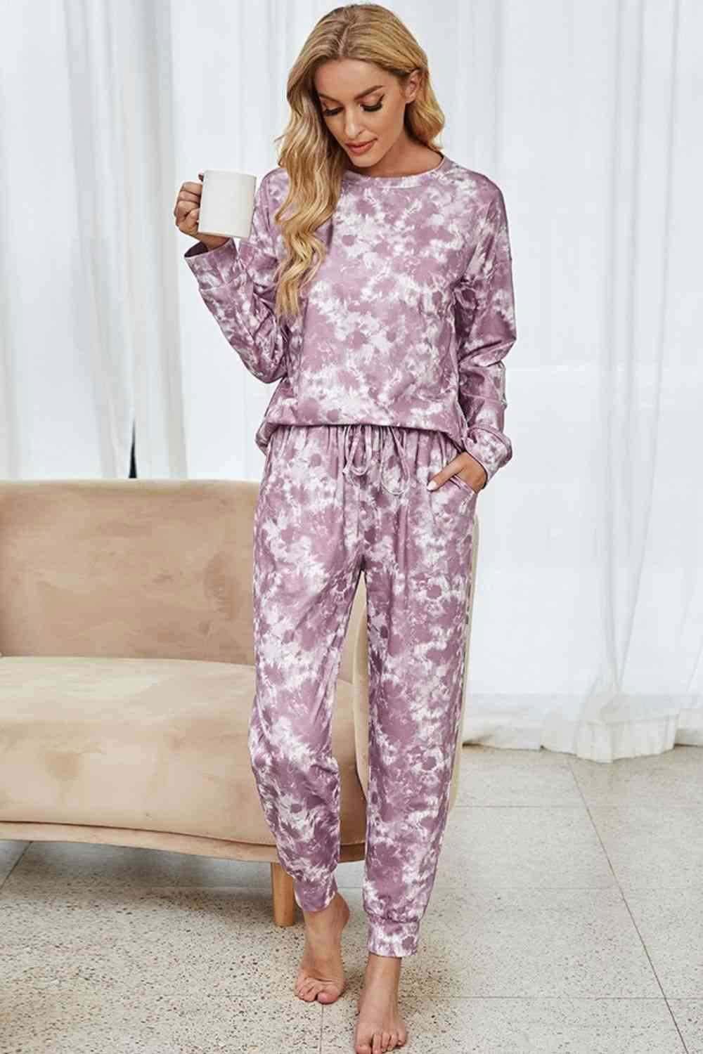 Tie-Dye Long Sleeve Top and Drawstring Joggers Lounge Set 