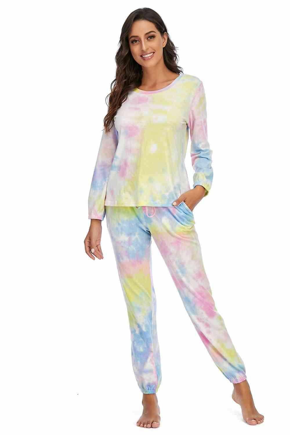 Tie-Dye Top and Drawstring Pants Lounge Set 