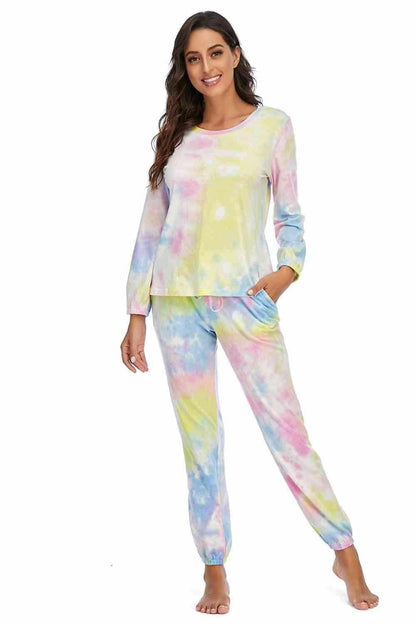 Tie-Dye Top and Drawstring Pants Lounge Set 