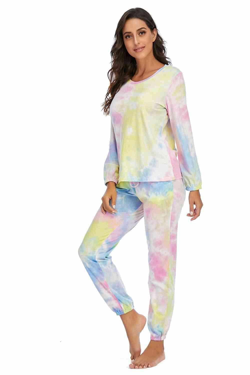 Tie-Dye Top and Drawstring Pants Lounge Set 