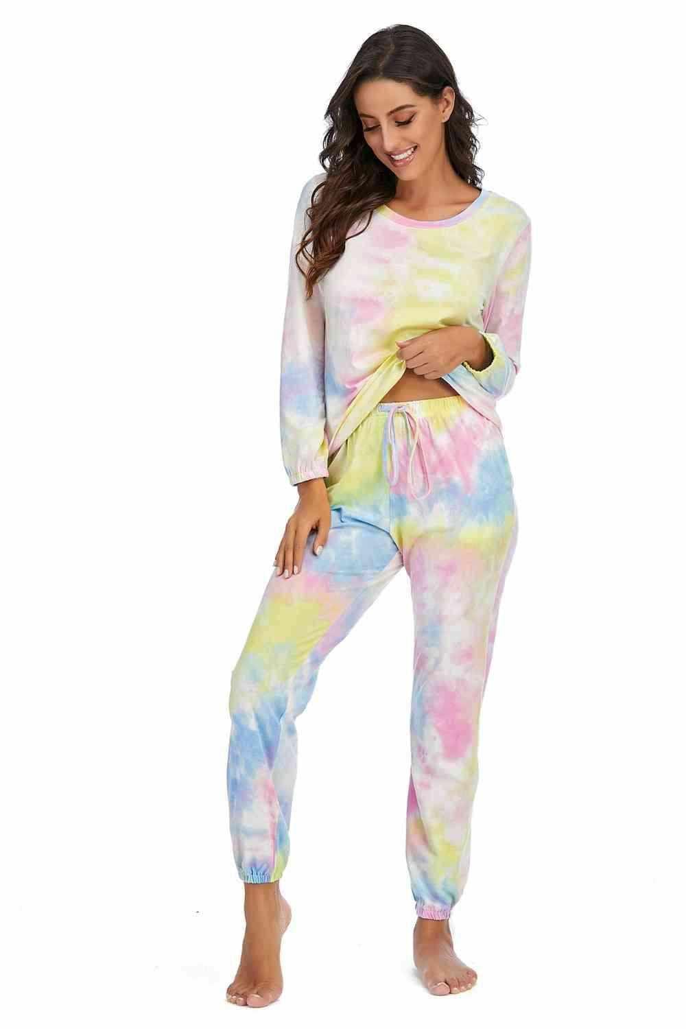 Tie-Dye Top and Drawstring Pants Lounge Set 