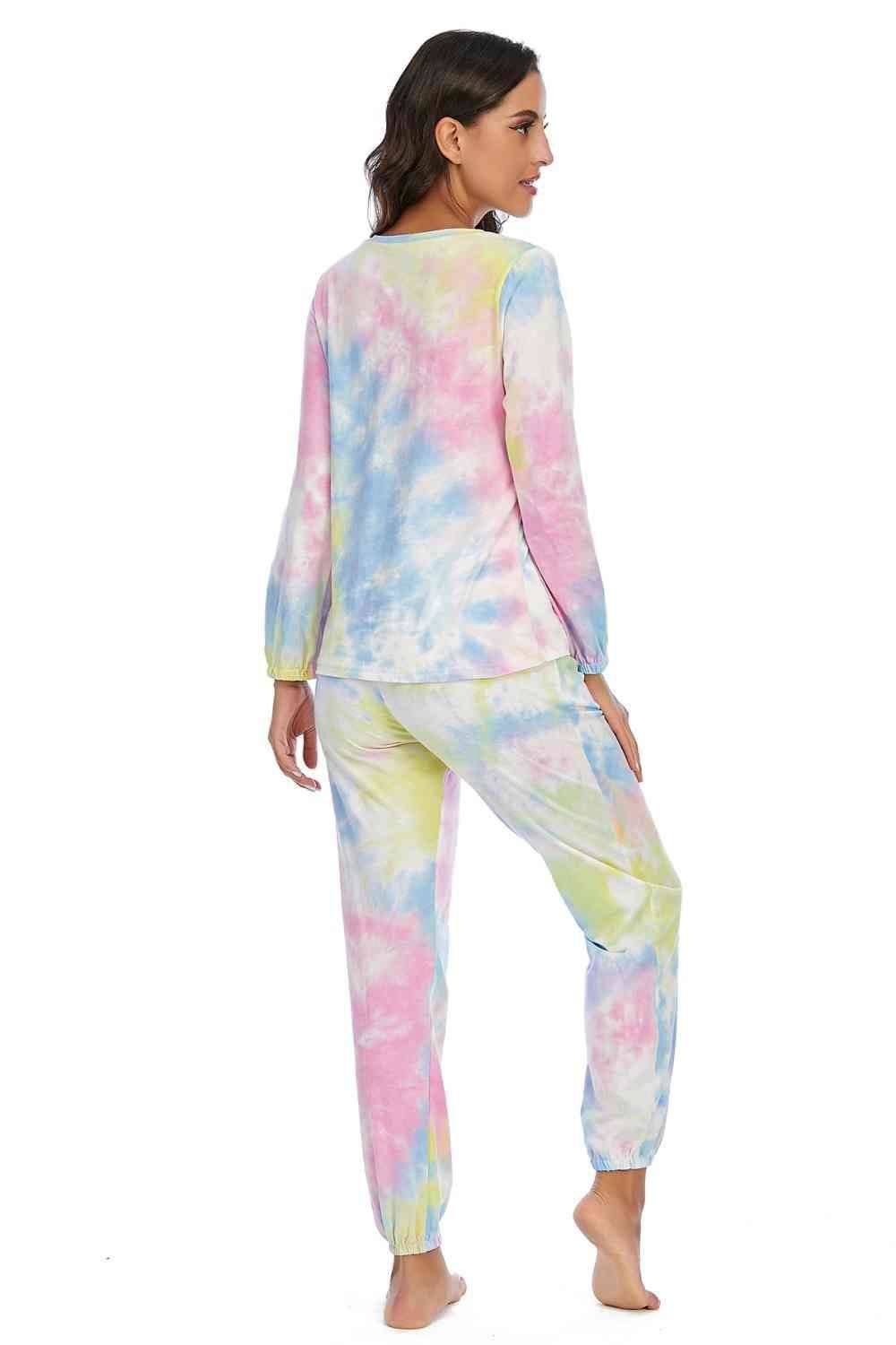 Tie-Dye Top and Drawstring Pants Lounge Set 