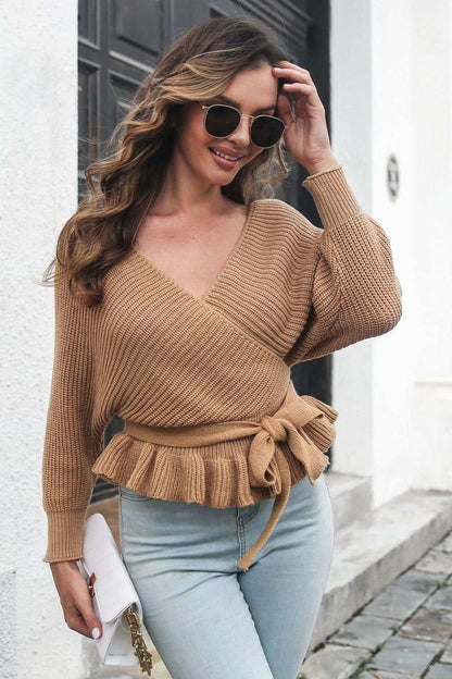 Tie Waist Ruffle Hem Sweater 