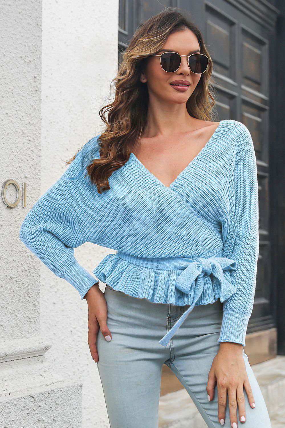 Tie Waist Ruffle Hem Sweater 