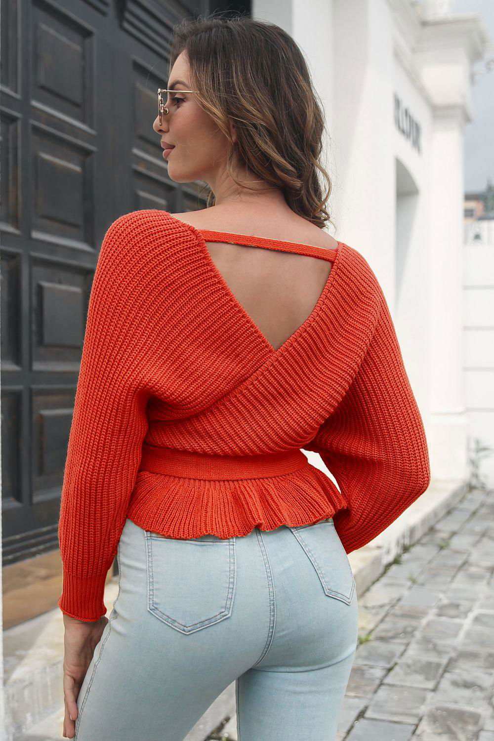 Tie Waist Ruffle Hem Sweater 