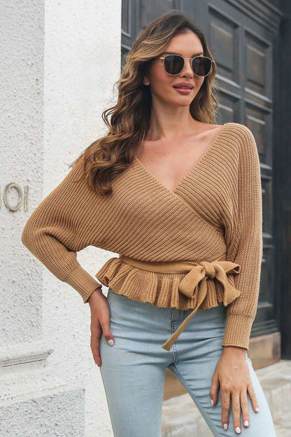 Tie Waist Ruffle Hem Sweater 