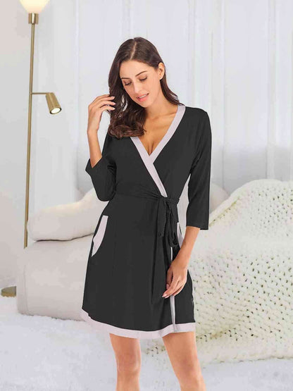 Tie Waist Surplice Neck Robe with Pockets 