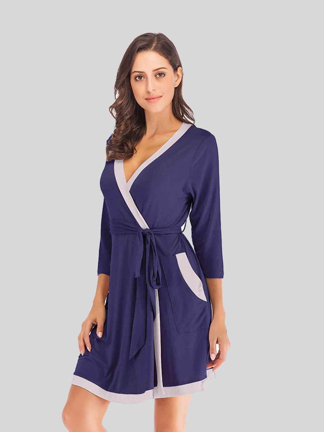 Tie Waist Surplice Neck Robe with Pockets 