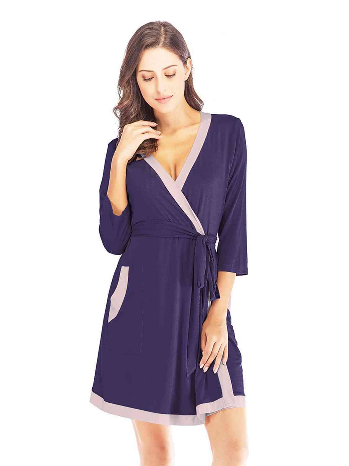 Tie Waist Surplice Neck Robe with Pockets 