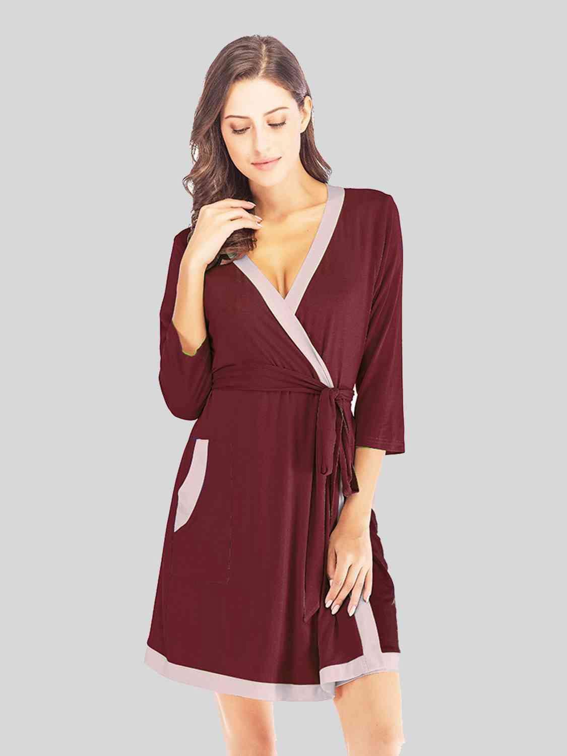 Tie Waist Surplice Neck Robe with Pockets 