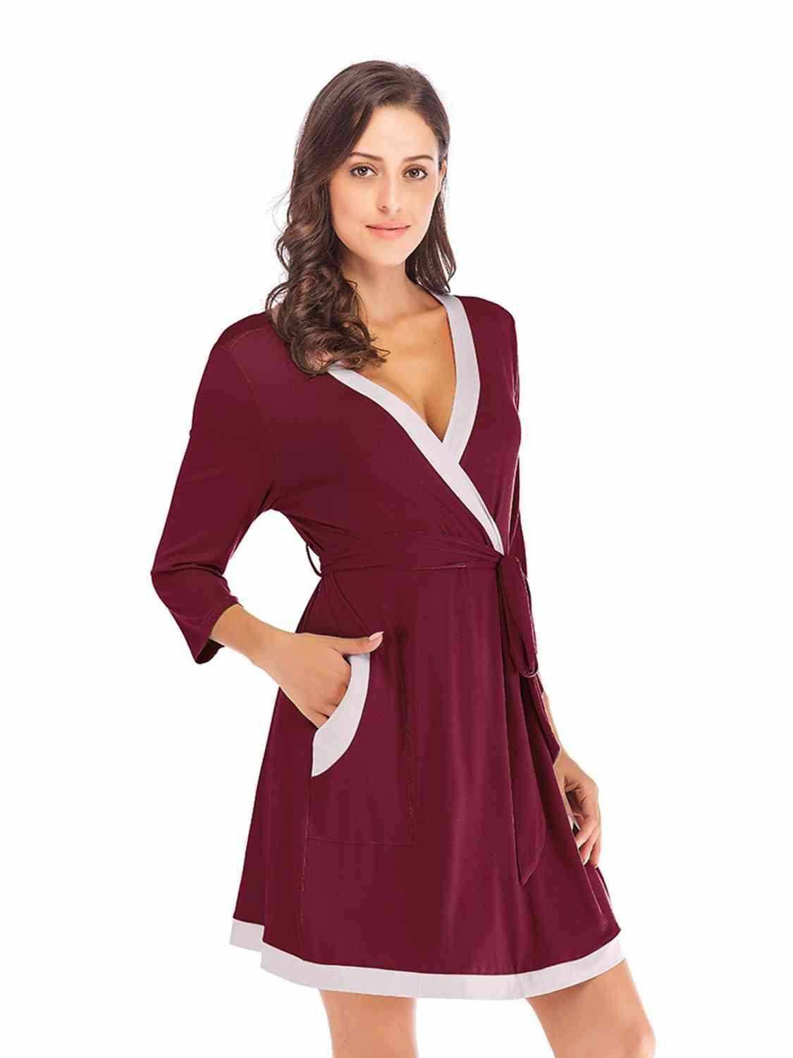 Tie Waist Surplice Neck Robe with Pockets 