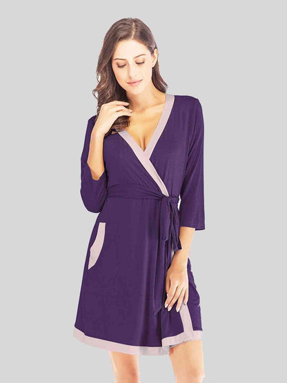 Tie Waist Surplice Neck Robe with Pockets 