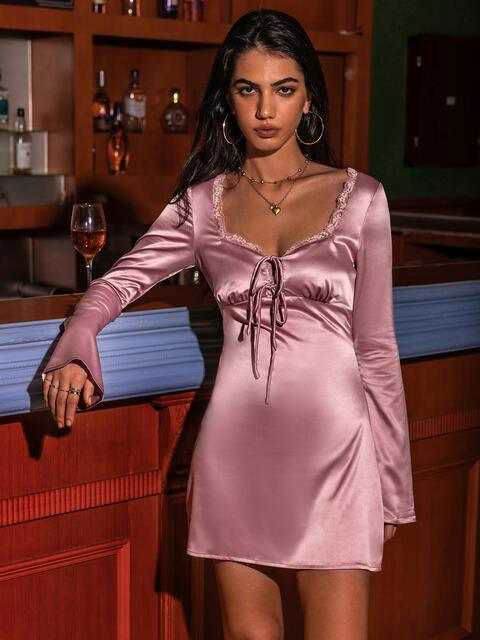 Tied Sweetheart Neck Long Sleeve Night Dress 