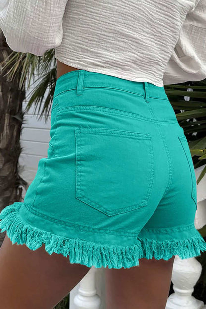 Turquoise Raw Hem Mid Rise Denim Shorts 