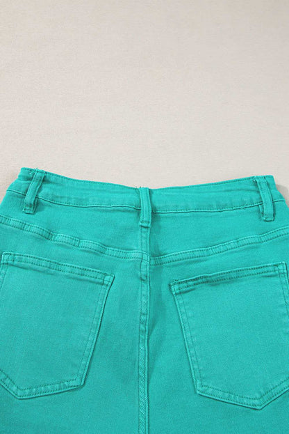 Turquoise Raw Hem Mid Rise Denim Shorts 