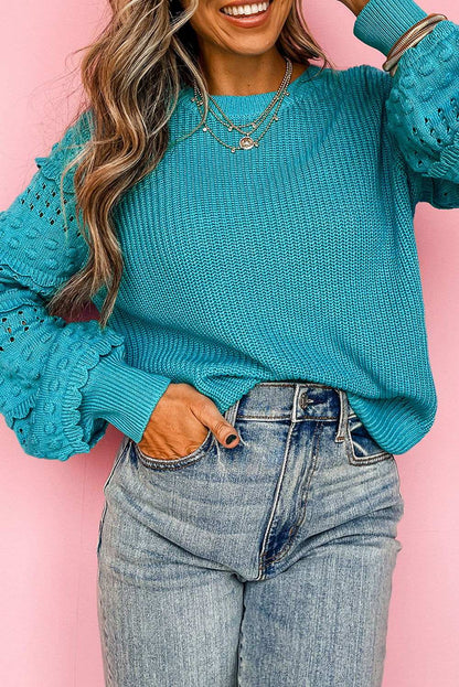 Turquoise Ruffled Eyelet Bubble Sleeve Sweater 