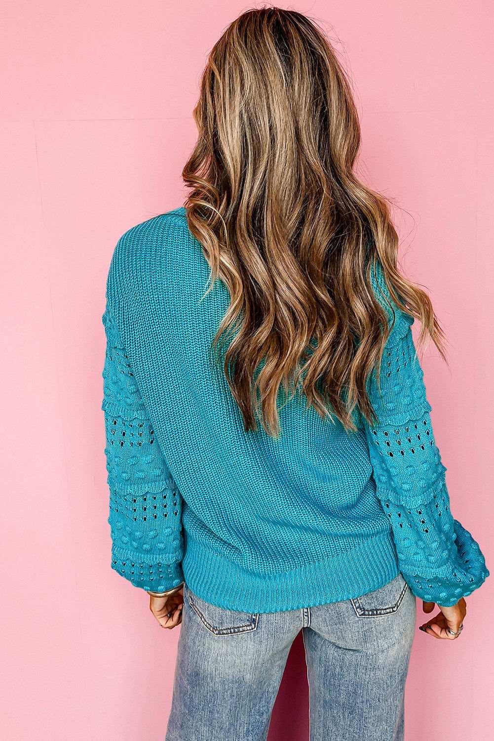 Turquoise Ruffled Eyelet Bubble Sleeve Sweater 