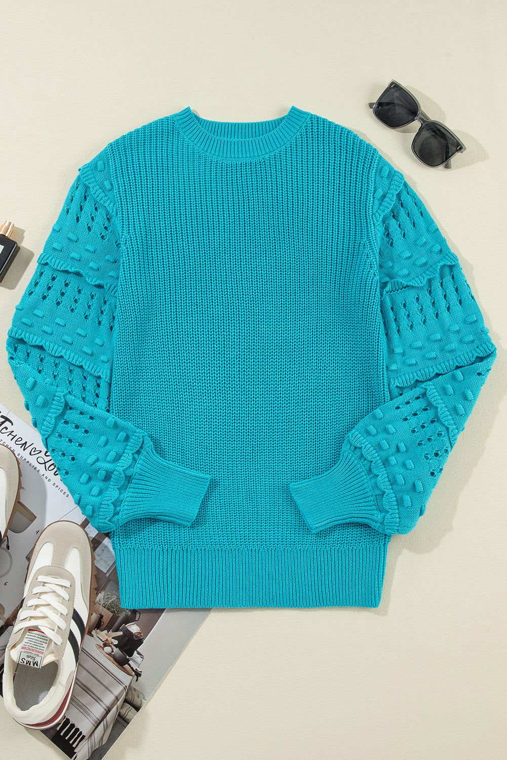 Turquoise Ruffled Eyelet Bubble Sleeve Sweater 