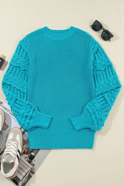 Turquoise Ruffled Eyelet Bubble Sleeve Sweater 