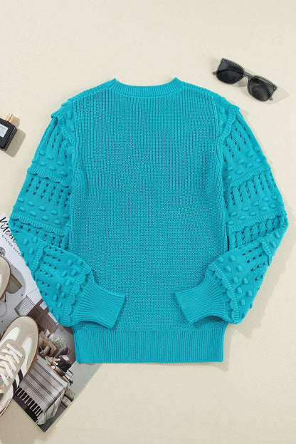 Turquoise Ruffled Eyelet Bubble Sleeve Sweater 