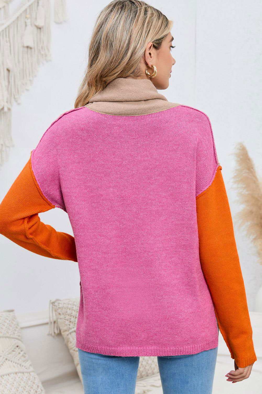 Turtle Neck Dropped Shoulder Slit Sweater 