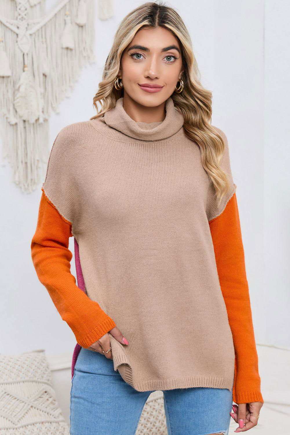 Turtle Neck Dropped Shoulder Slit Sweater 