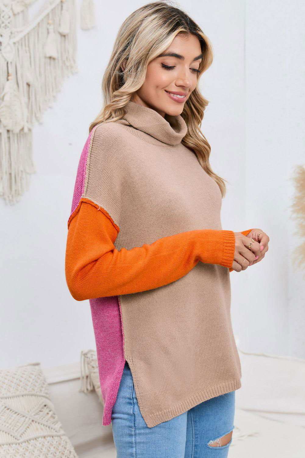 Turtle Neck Dropped Shoulder Slit Sweater 