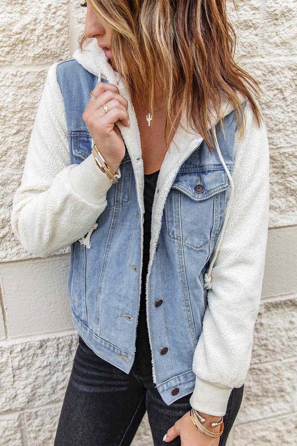 Two-Tone Spliced Denim Sherpa Hooded Jacket 