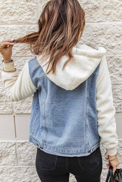 Two-Tone Spliced Denim Sherpa Hooded Jacket 