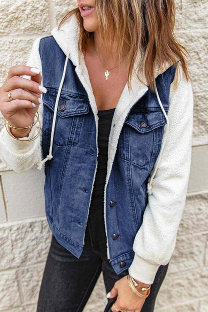 Two-Tone Spliced Denim Sherpa Hooded Jacket 