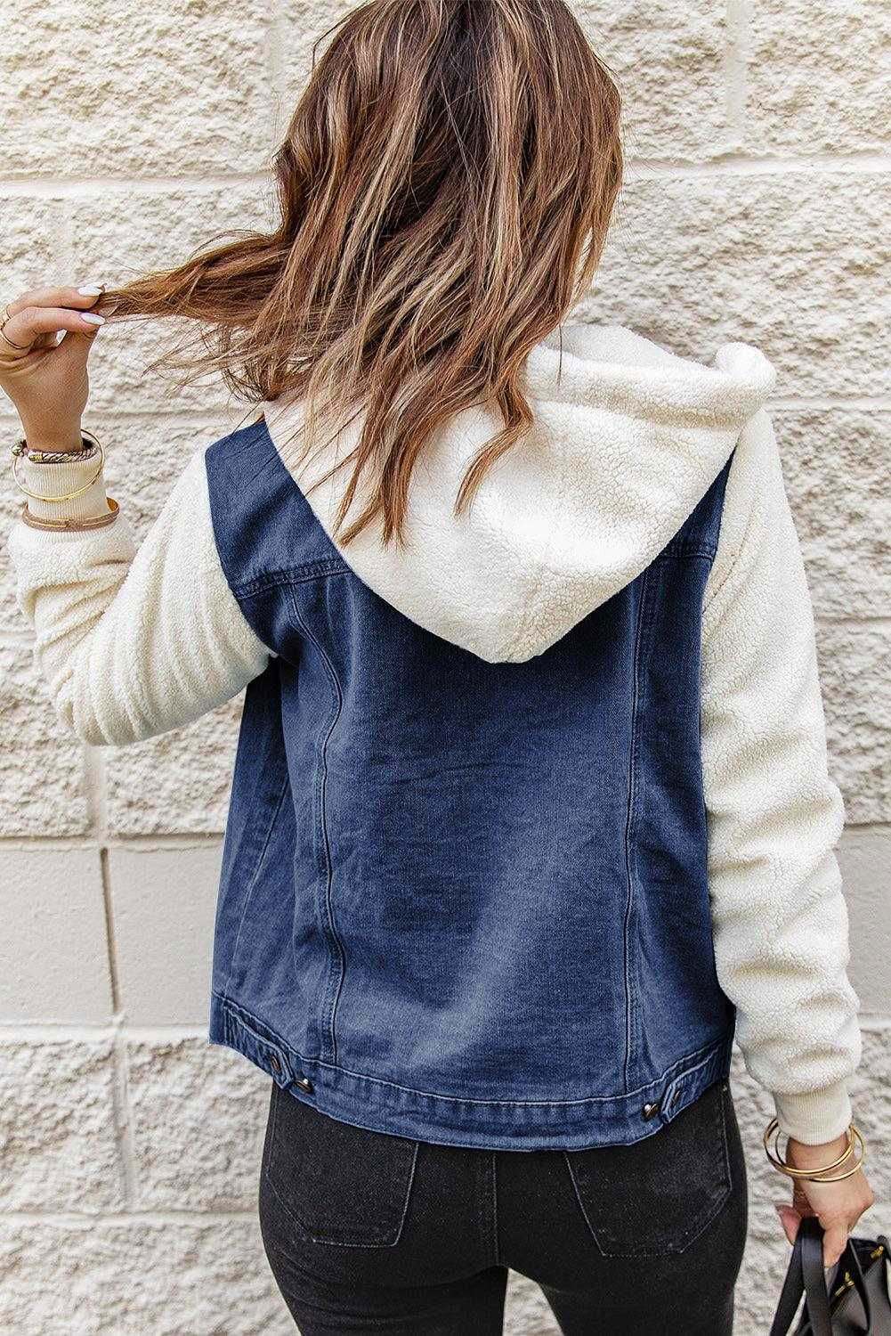 Two-Tone Spliced Denim Sherpa Hooded Jacket 