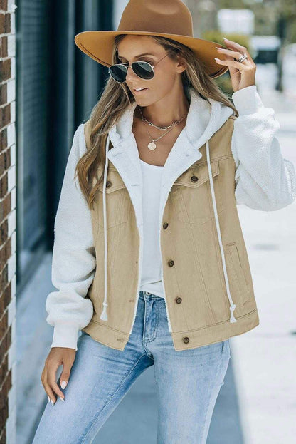 Two-Tone Spliced Denim Sherpa Hooded Jacket 