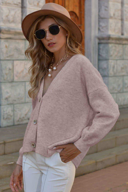 V-Neck Button-Down Dropped Shoulder Cardigan 