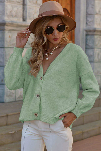 V-Neck Button-Down Dropped Shoulder Cardigan 