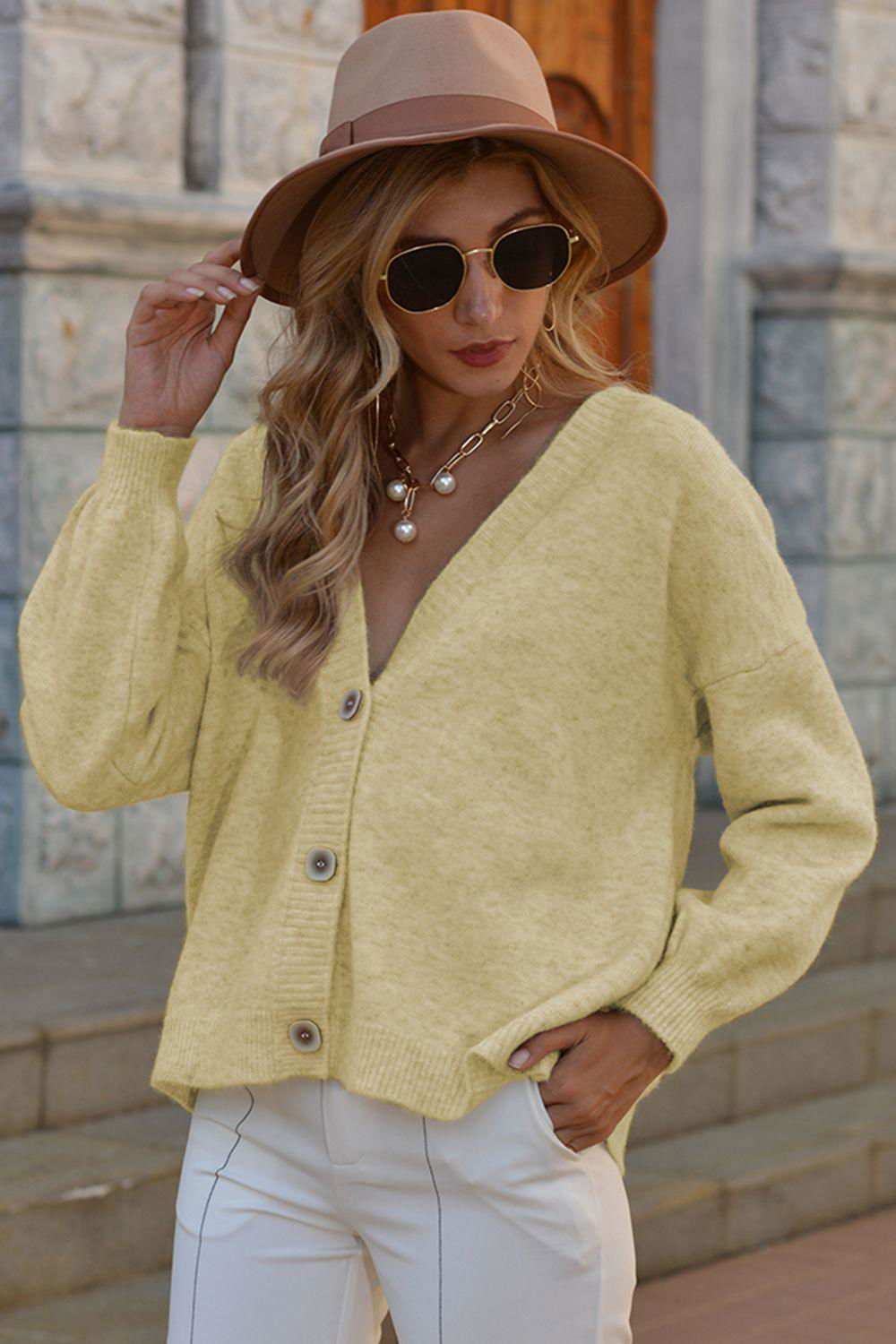 V-Neck Button-Down Dropped Shoulder Cardigan 