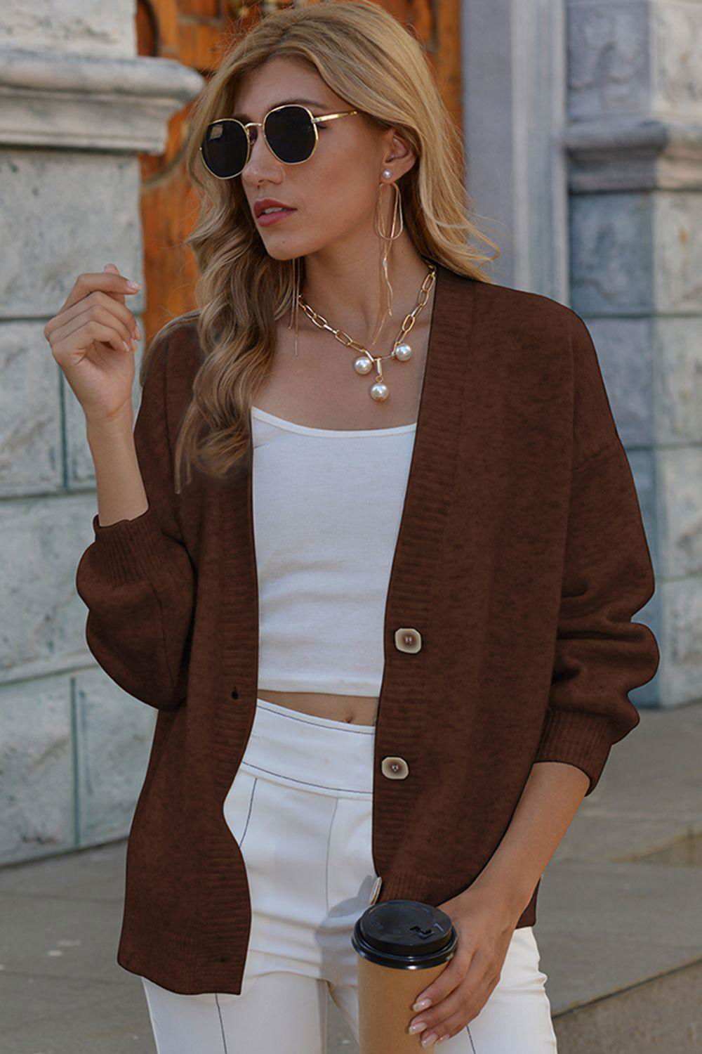 V-Neck Button-Down Dropped Shoulder Cardigan 